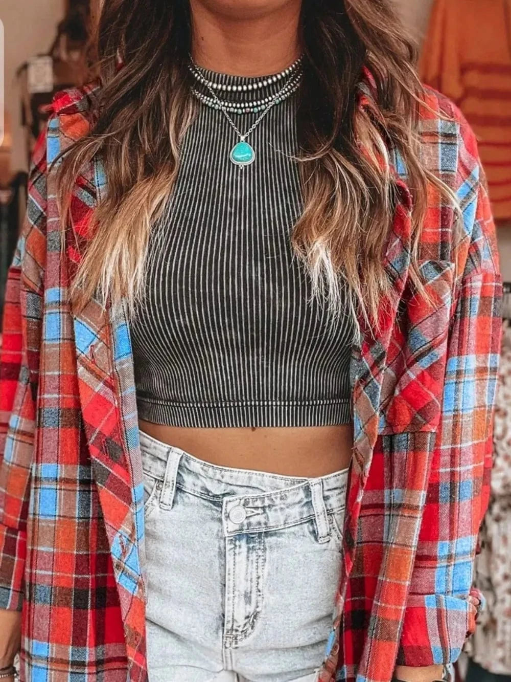 Plaid Collared Neck Long Sleeve Shirt - ShalayeFashion