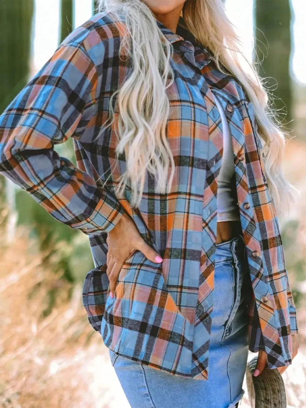 Plaid Collared Neck Long Sleeve Shirt - ShalayeFashion