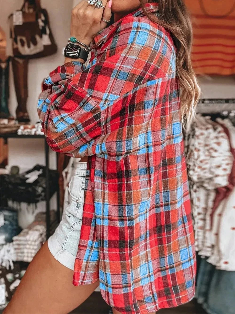 Plaid Collared Neck Long Sleeve Shirt - ShalayeFashion