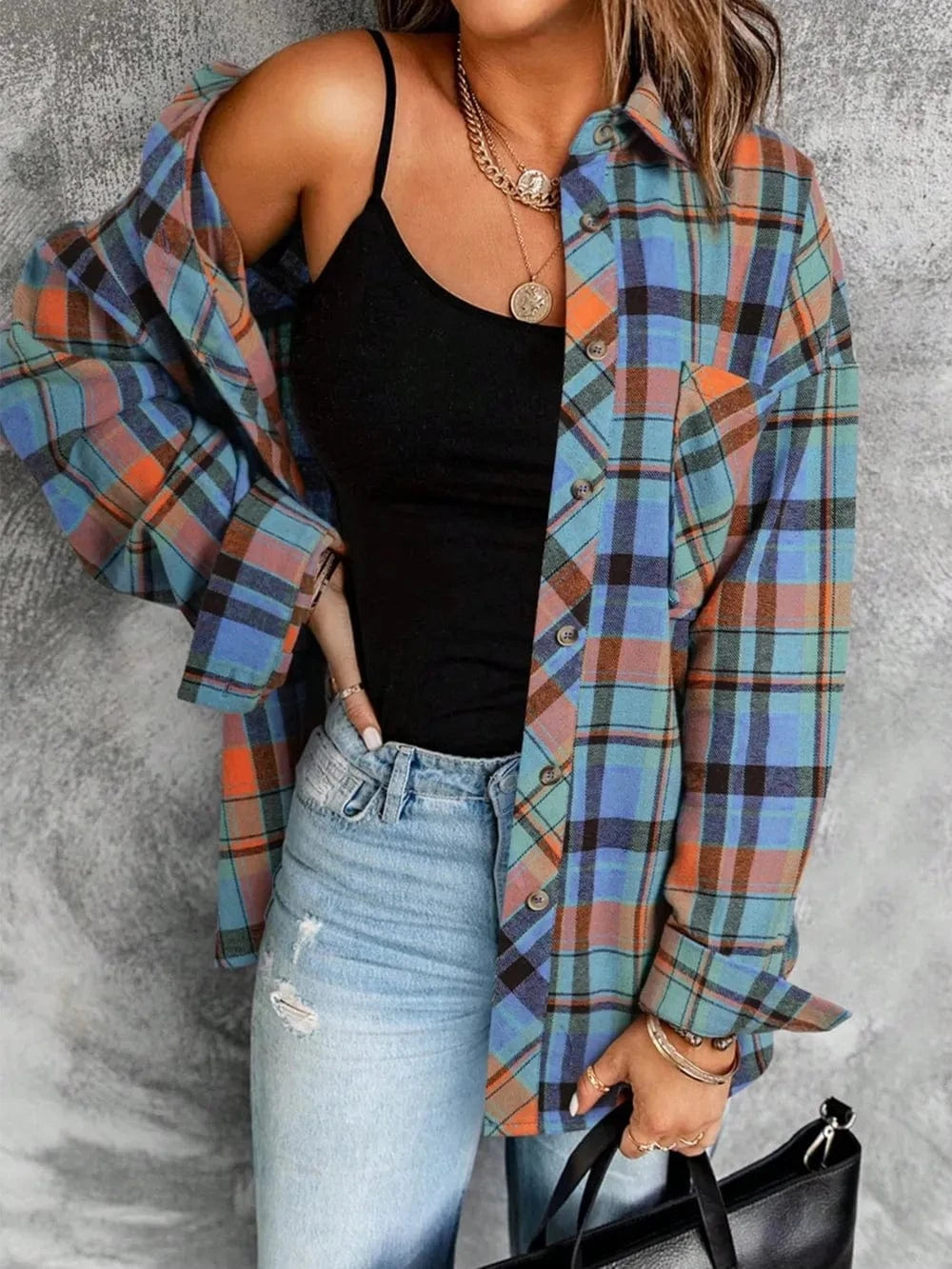 Plaid Collared Neck Long Sleeve Shirt - ShalayeFashion