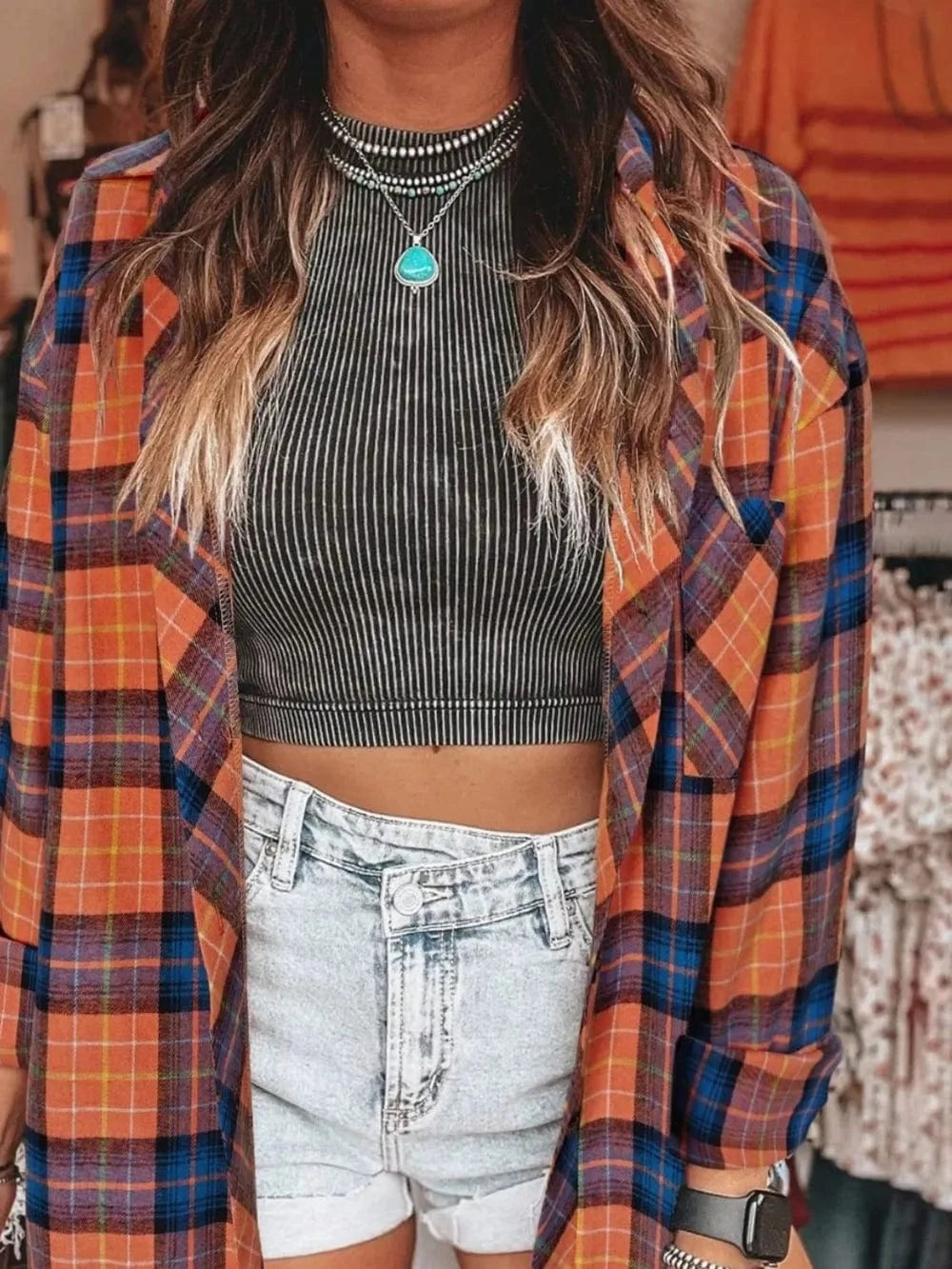 Plaid Collared Neck Long Sleeve Shirt - ShalayeFashion