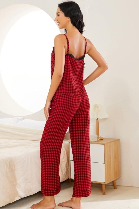 Plaid Lace Trim Cami and Drawstring Pants Pajama Set - ShalayeFashion