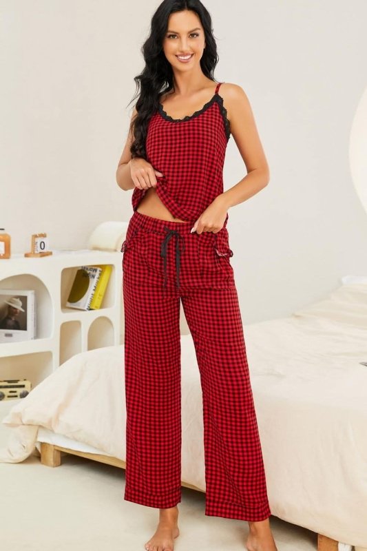 Plaid Lace Trim Cami and Drawstring Pants Pajama Set - ShalayeFashion