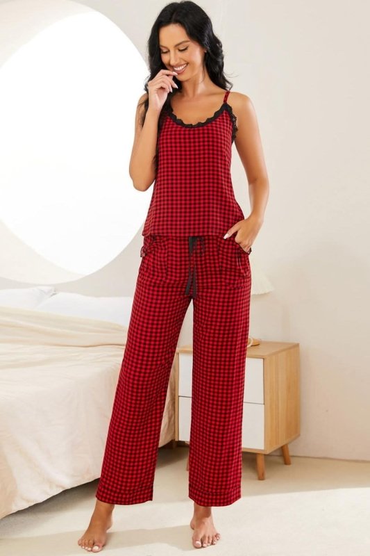 Plaid Lace Trim Cami and Drawstring Pants Pajama Set - ShalayeFashion