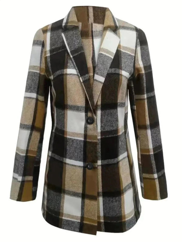 Plaid Lapel Collar Long Sleeve Blazer - ShalayeFashion