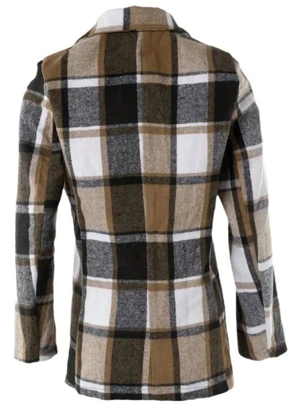 Plaid Lapel Collar Long Sleeve Blazer - ShalayeFashion
