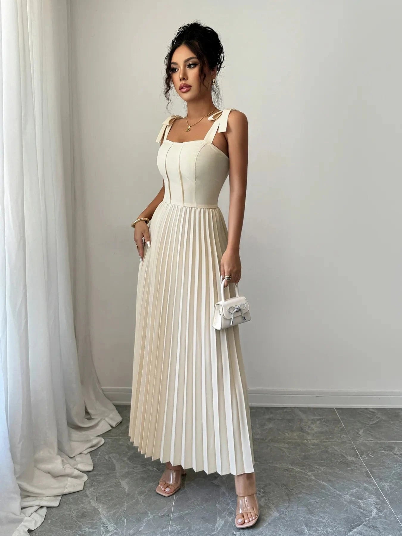 Pleated Tie - Shoulder Maxi Dress - ShalayeFashion