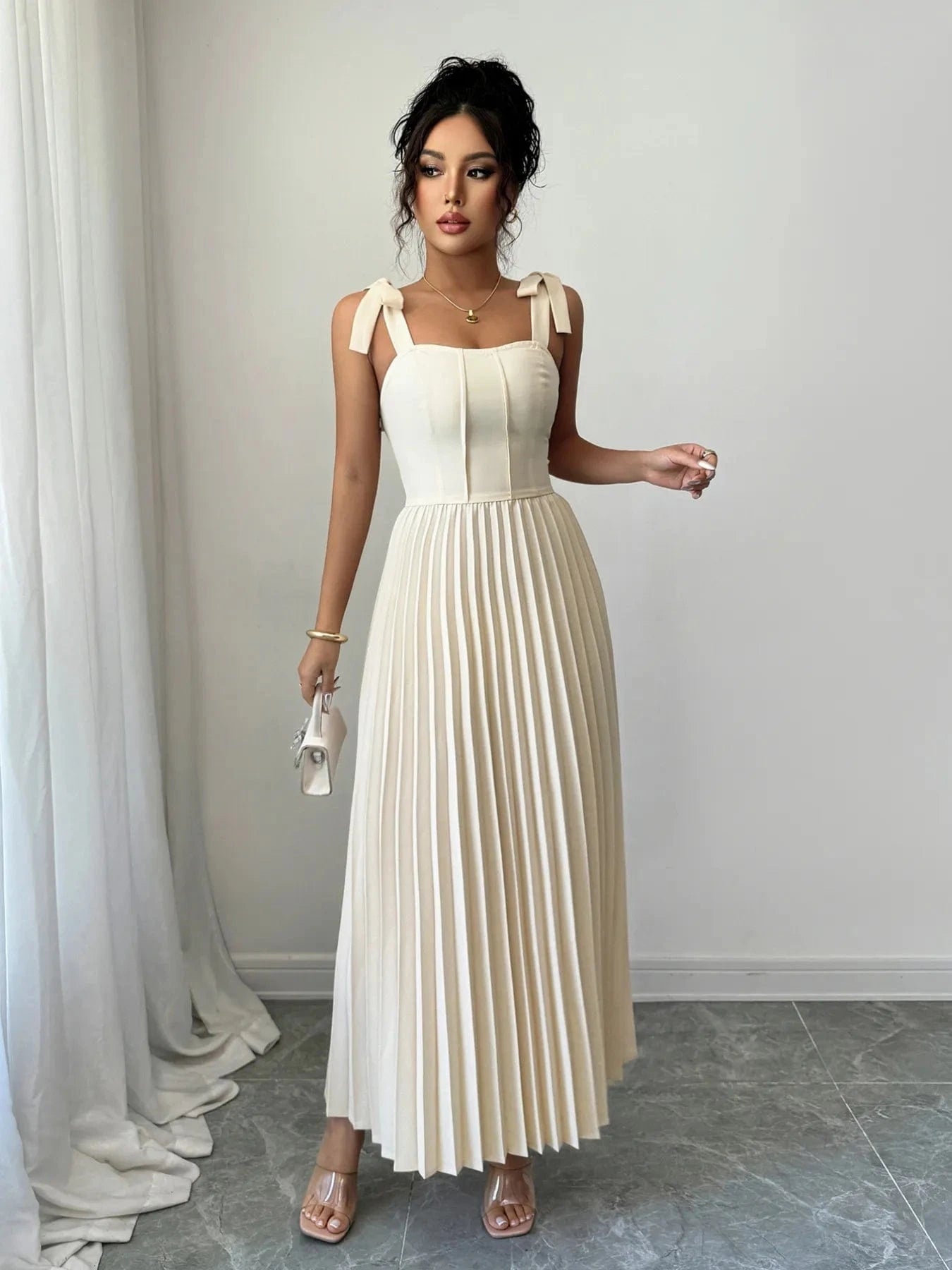 Pleated Tie - Shoulder Maxi Dress - ShalayeFashion