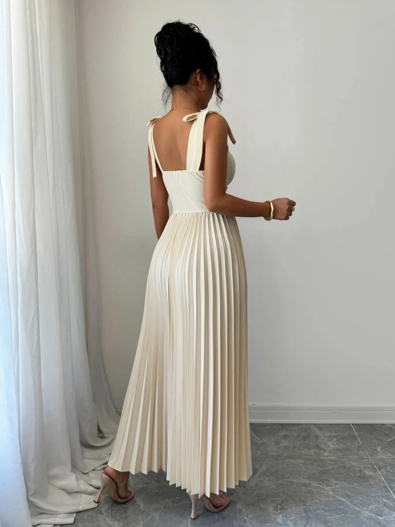 Pleated Tie - Shoulder Maxi Dress - ShalayeFashion
