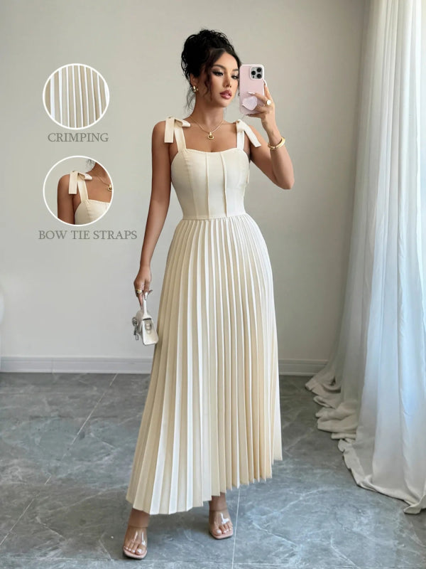 Pleated Tie - Shoulder Maxi Dress - ShalayeFashion