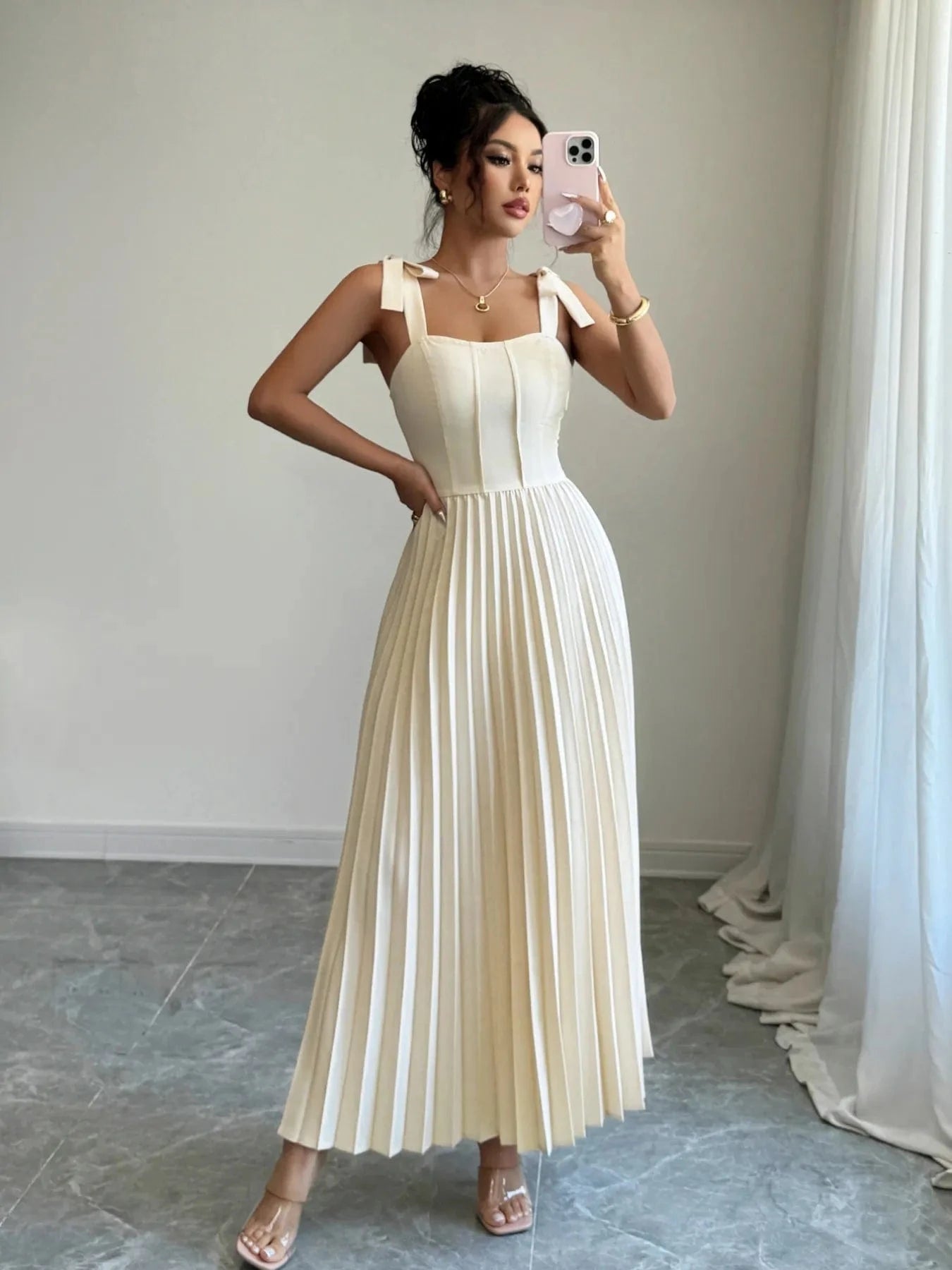 Pleated Tie - Shoulder Maxi Dress - ShalayeFashion