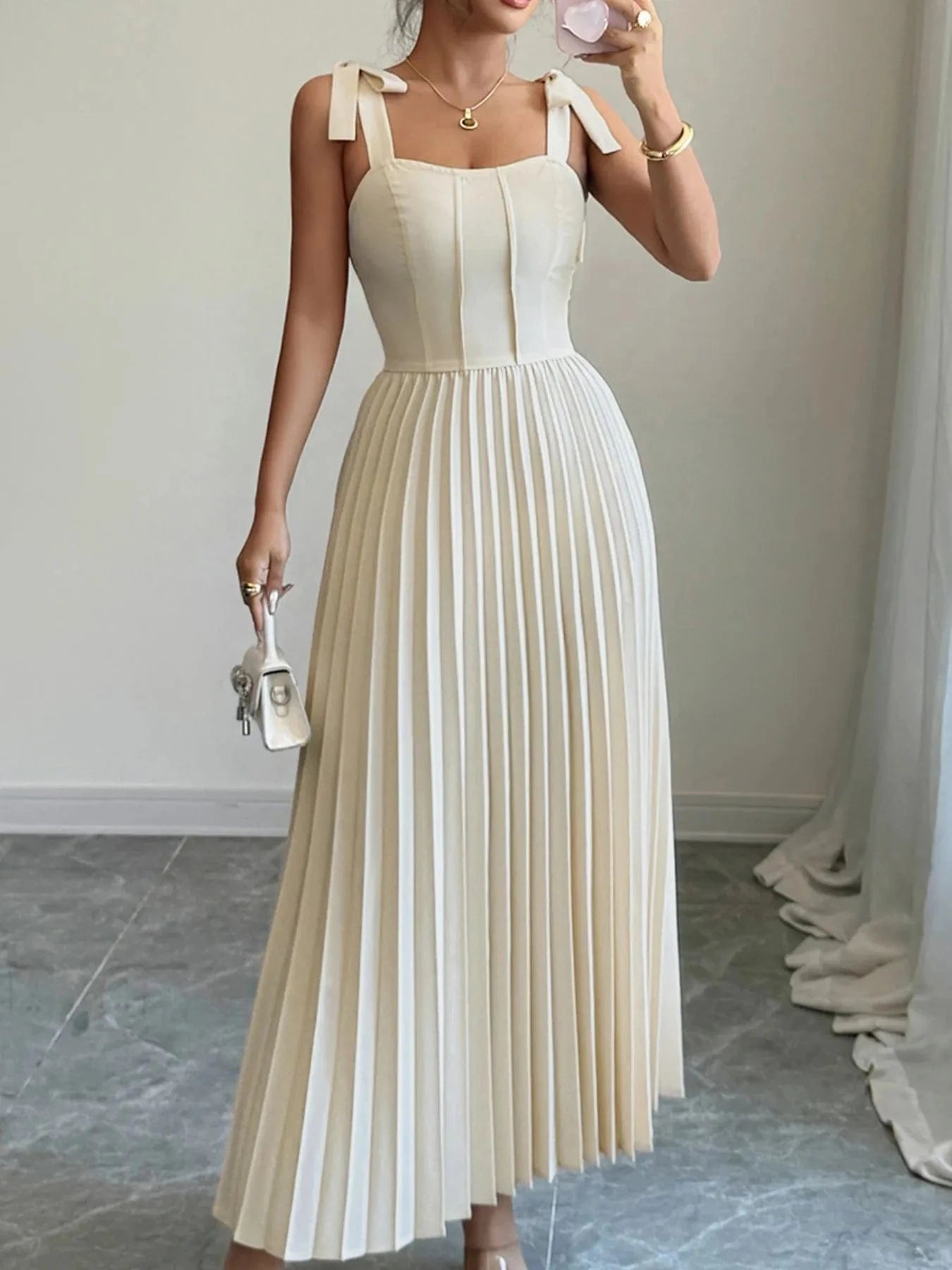 Pleated Tie - Shoulder Maxi Dress - ShalayeFashion