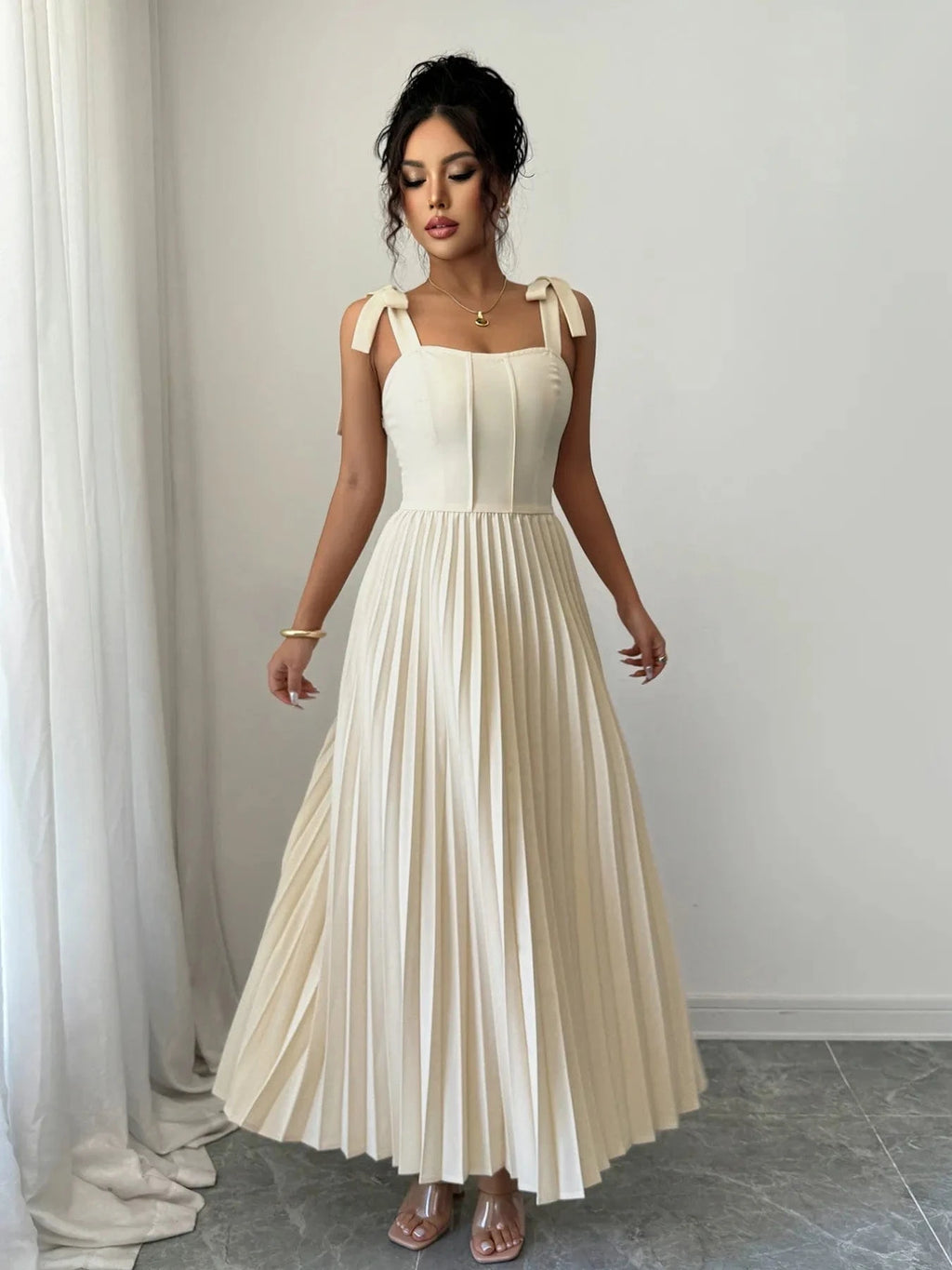 Pleated Tie - Shoulder Maxi Dress - ShalayeFashion