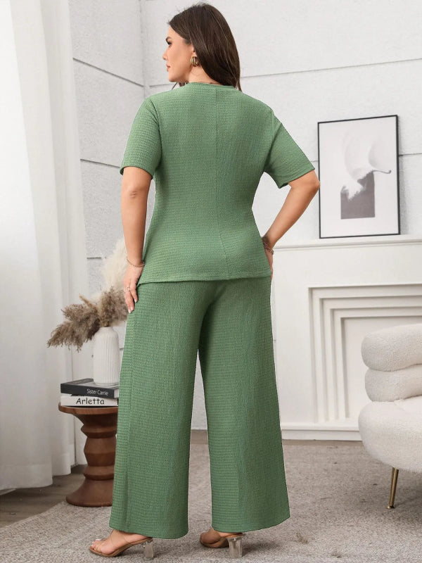 Plus Size Asymmetrical Round Neck Short Sleeve Top and Pants Set - ShalayeFashion