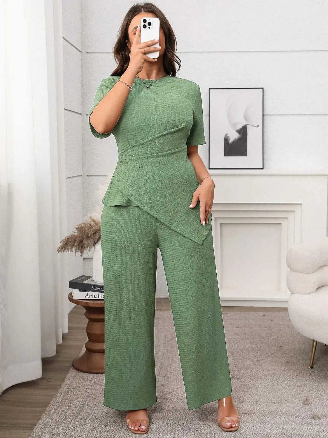 Plus Size Asymmetrical Round Neck Short Sleeve Top and Pants Set - ShalayeFashion
