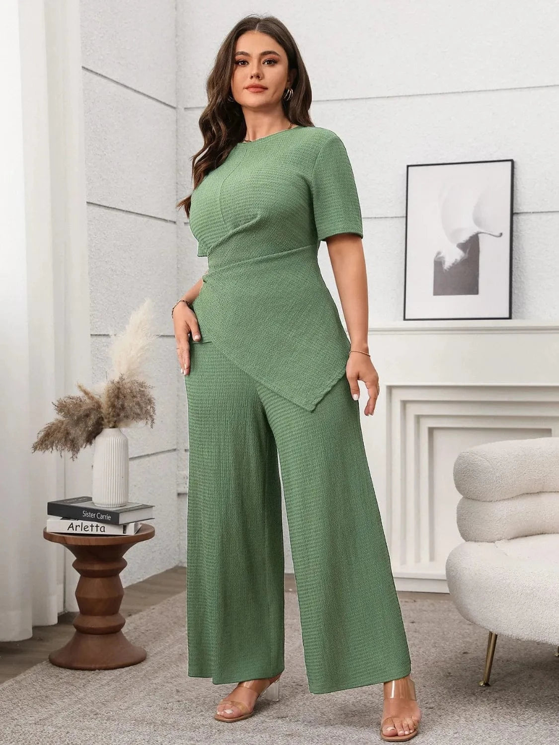Plus Size Asymmetrical Round Neck Short Sleeve Top and Pants Set - ShalayeFashion