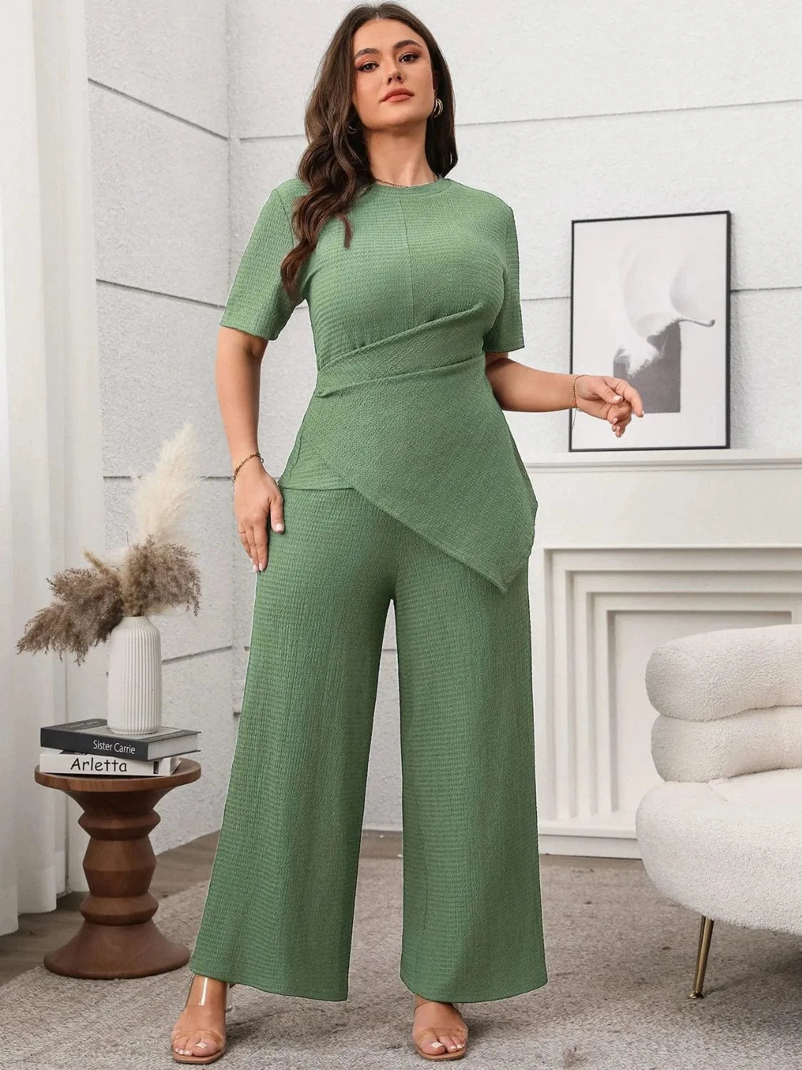 Plus Size Asymmetrical Round Neck Short Sleeve Top and Pants Set - ShalayeFashion