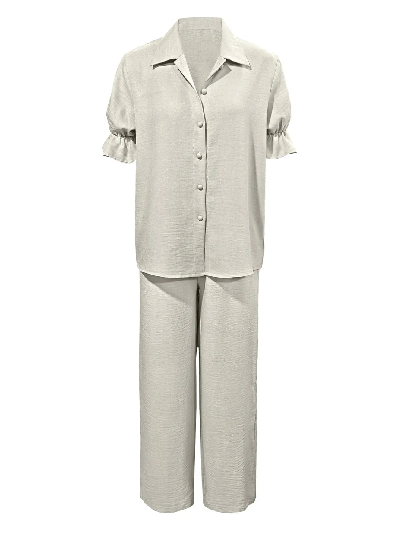 Plus Size Button - Down Shirt and Wide - Leg Pants Set - ShalayeFashion