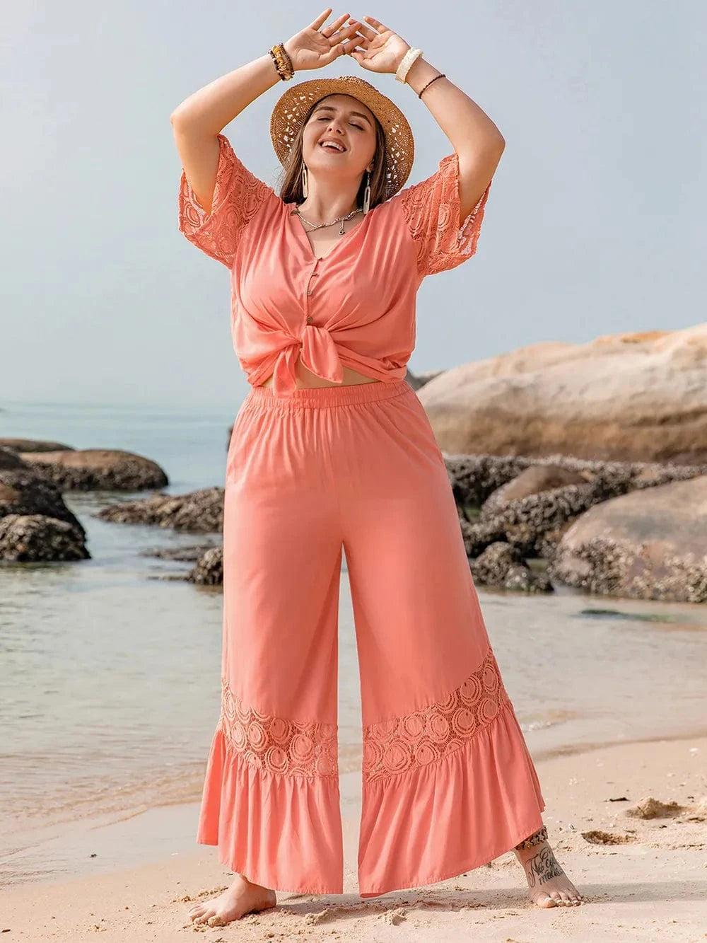 Plus Size Button Up Half Sleeve Top and Pants Set - ShalayeFashion