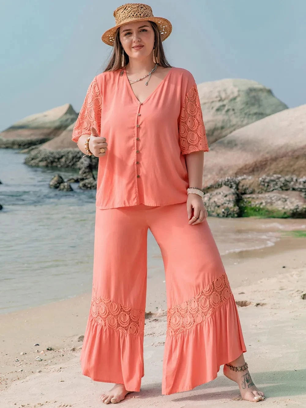Plus Size Button Up Half Sleeve Top and Pants Set - ShalayeFashion