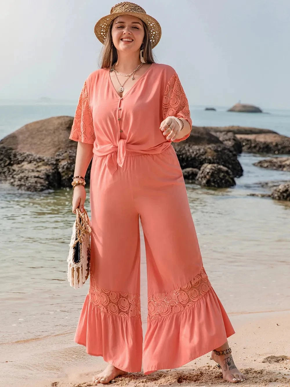Plus Size Button Up Half Sleeve Top and Pants Set - ShalayeFashion