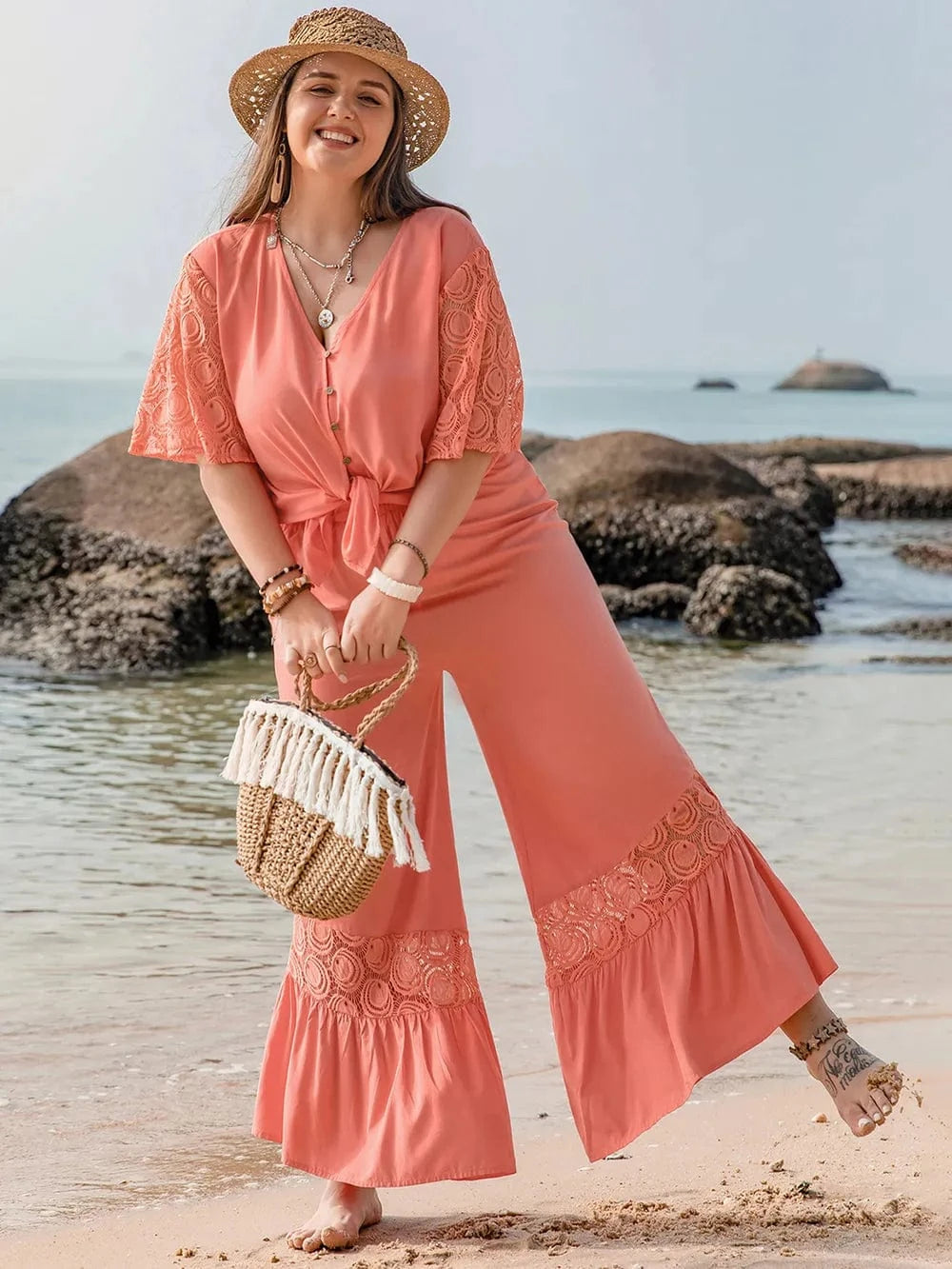 Plus Size Button Up Half Sleeve Top and Pants Set - ShalayeFashion