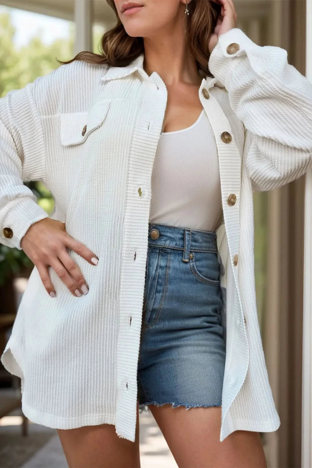 Plus Size Button Up Long Sleeve Jacket - ShalayeFashion