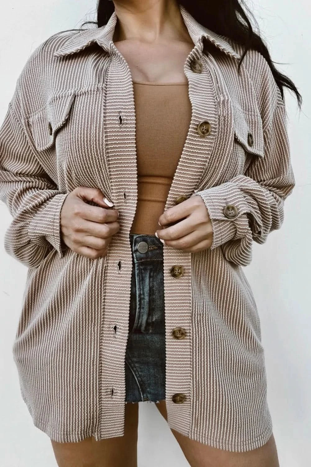 Plus Size Button Up Long Sleeve Jacket - ShalayeFashion