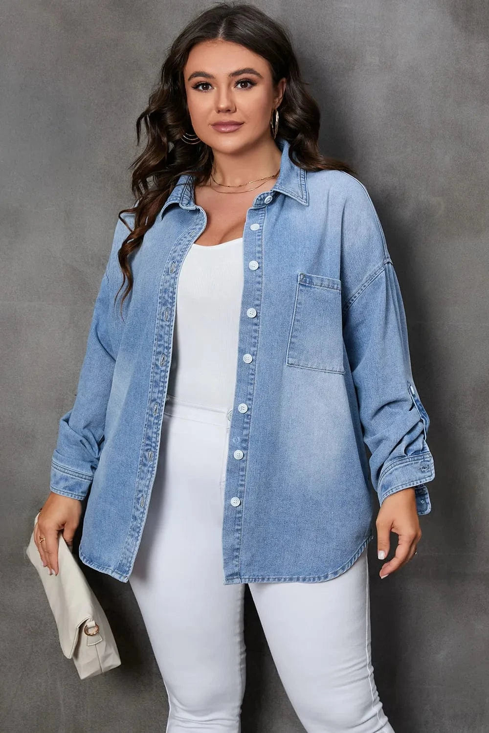 Plus Size Button Up Pocketed Denim Top - ShalayeFashion