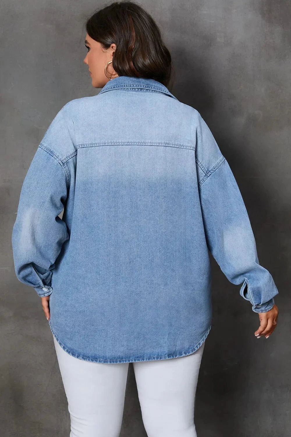 Plus Size Button Up Pocketed Denim Top - ShalayeFashion