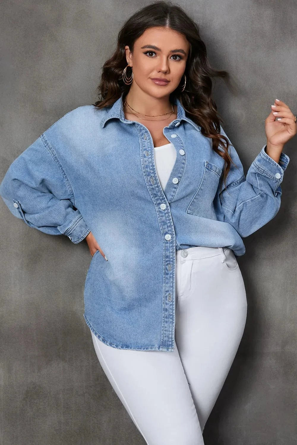 Plus Size Button Up Pocketed Denim Top - ShalayeFashion