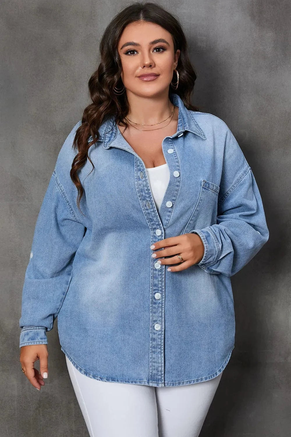 Plus Size Button Up Pocketed Denim Top - ShalayeFashion