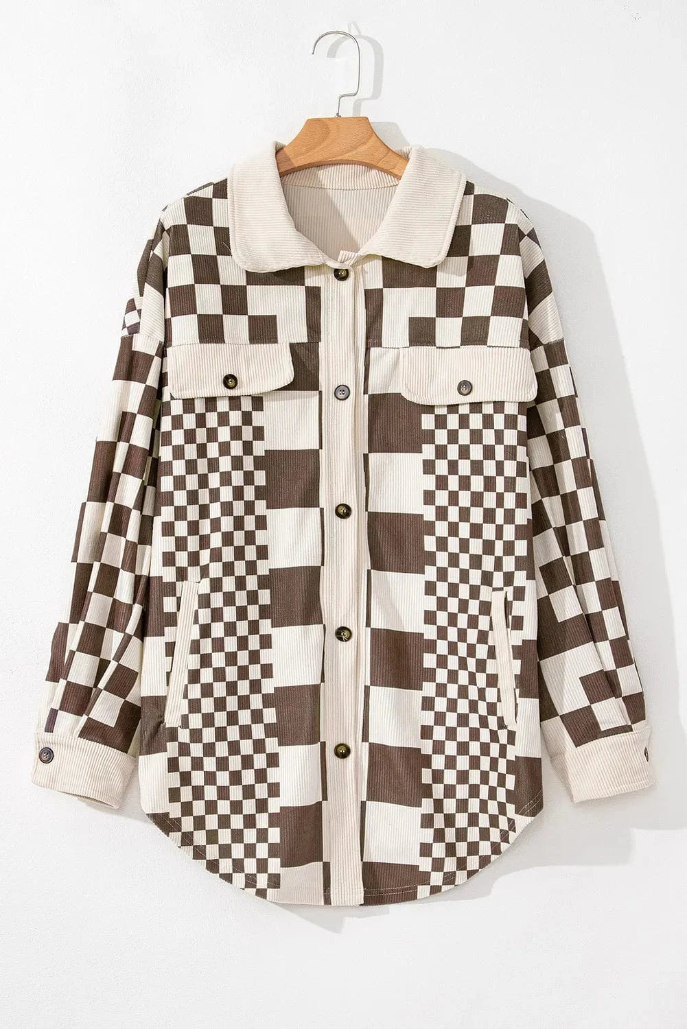 Plus Size Checkered Button Up Long Sleeve Jacket - ShalayeFashion
