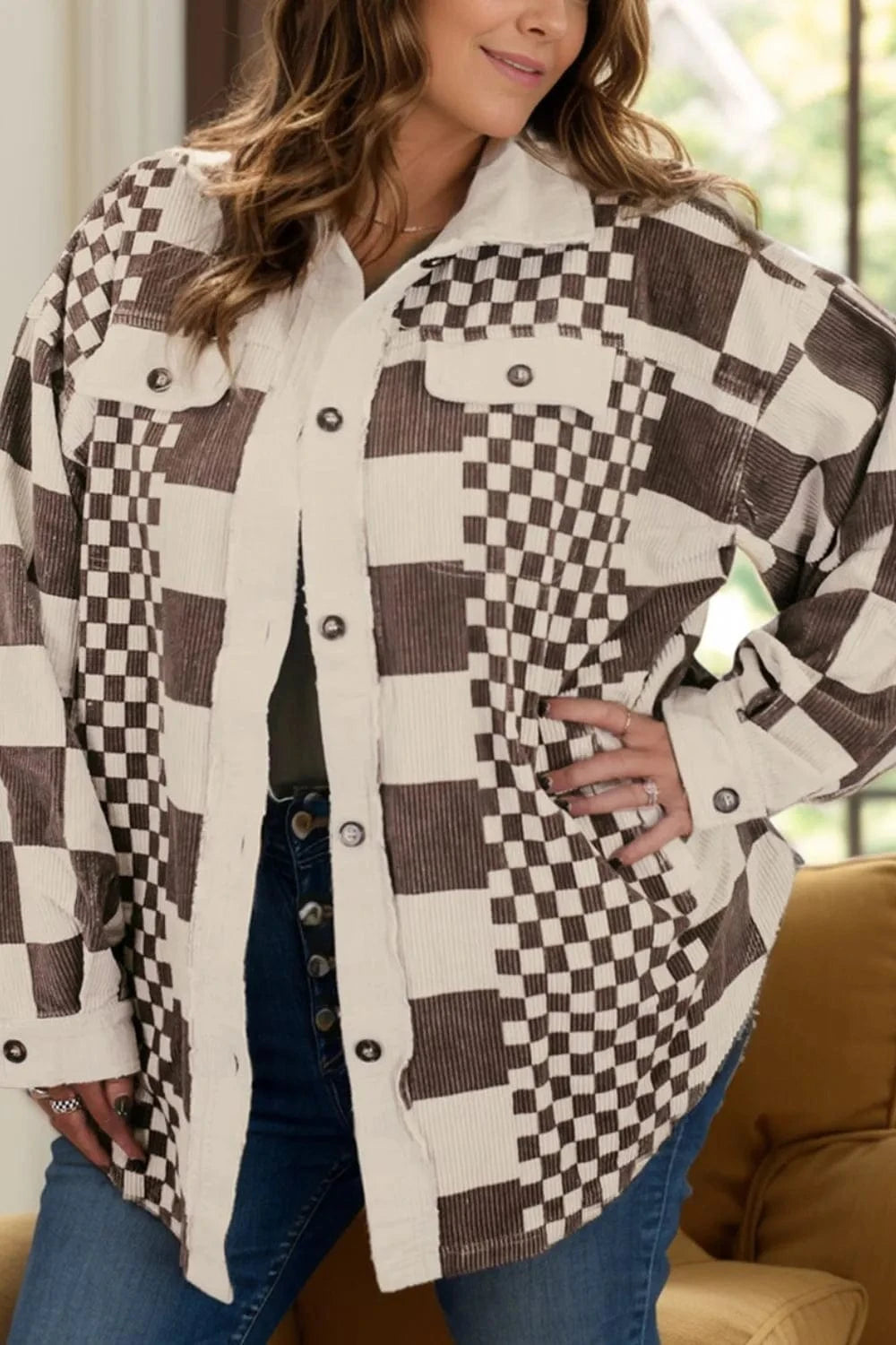 Plus Size Checkered Button Up Long Sleeve Jacket - ShalayeFashion