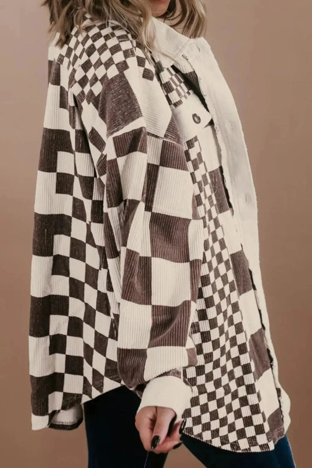Plus Size Checkered Button Up Long Sleeve Jacket - ShalayeFashion
