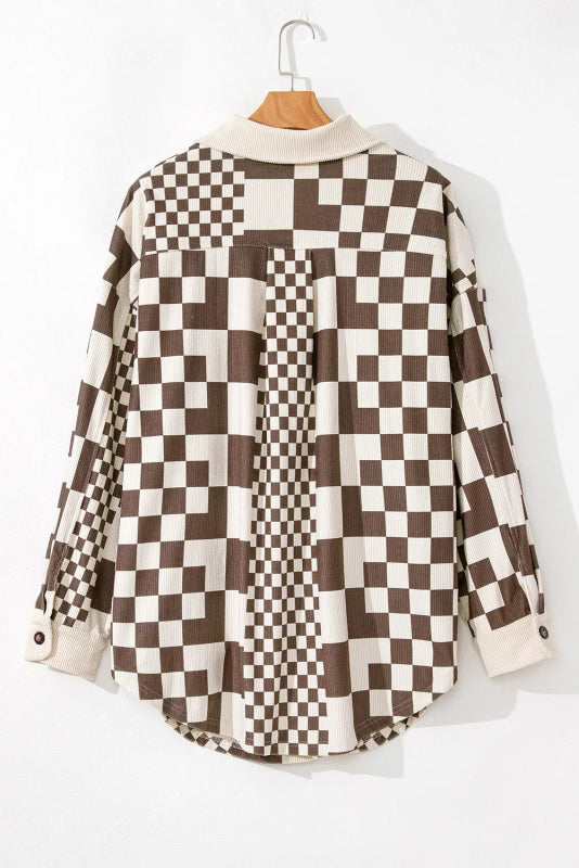 Plus Size Checkered Button Up Long Sleeve Jacket - ShalayeFashion