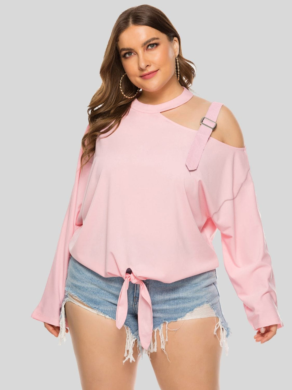 Plus Size Cold - Shoulder Tied Top - ShalayeFashion