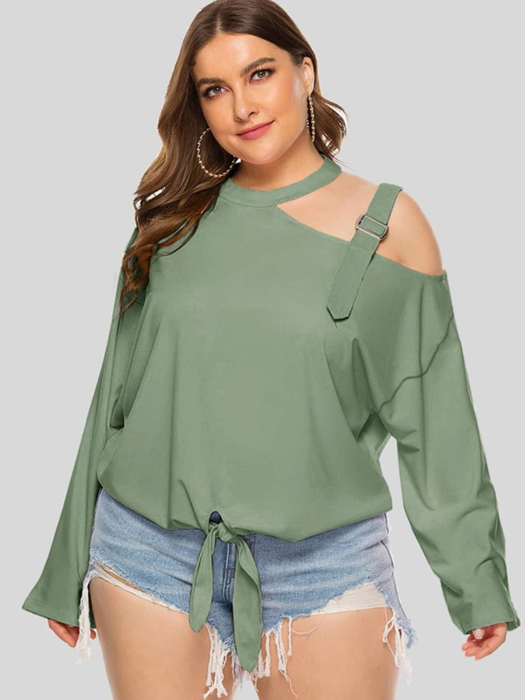 Plus Size Cold - Shoulder Tied Top - ShalayeFashion