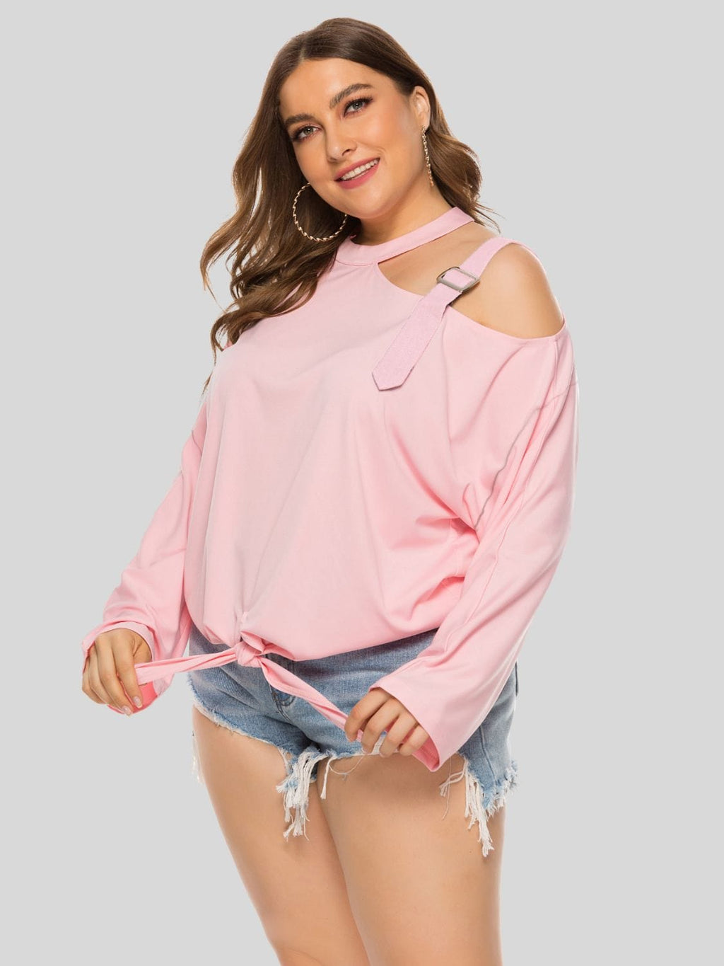 Plus Size Cold - Shoulder Tied Top - ShalayeFashion
