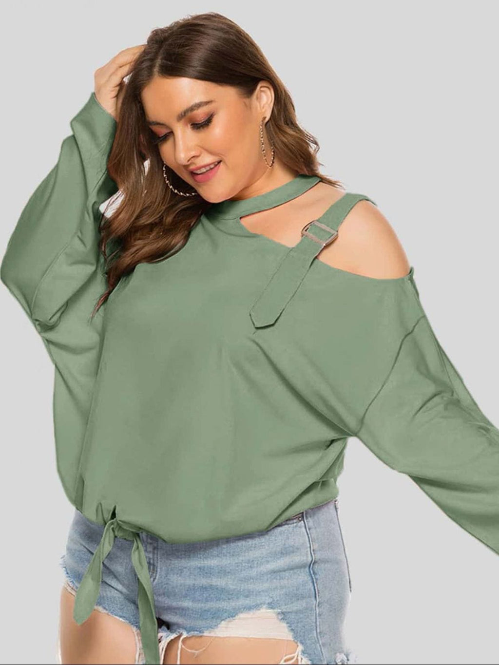 Plus Size Cold - Shoulder Tied Top - ShalayeFashion