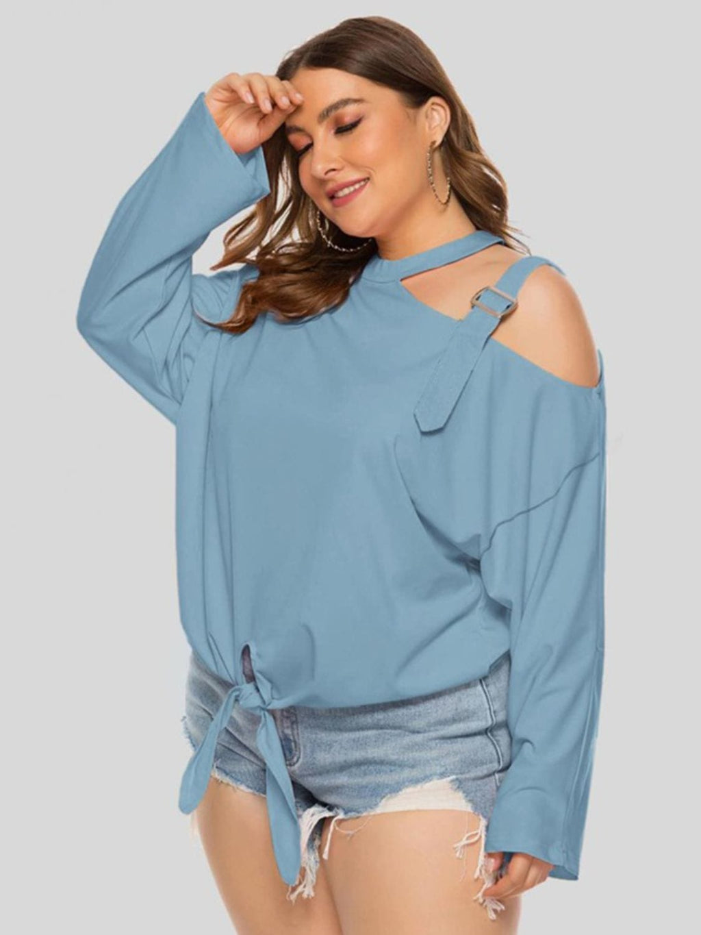 Plus Size Cold - Shoulder Tied Top - ShalayeFashion
