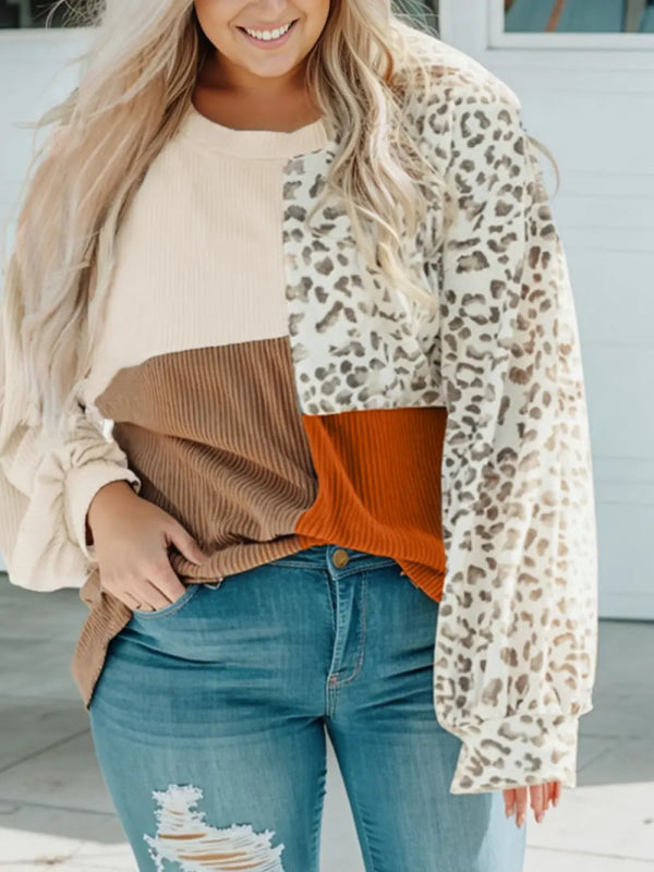 Plus Size Color Block Leopard Round Neck Top - ShalayeFashion