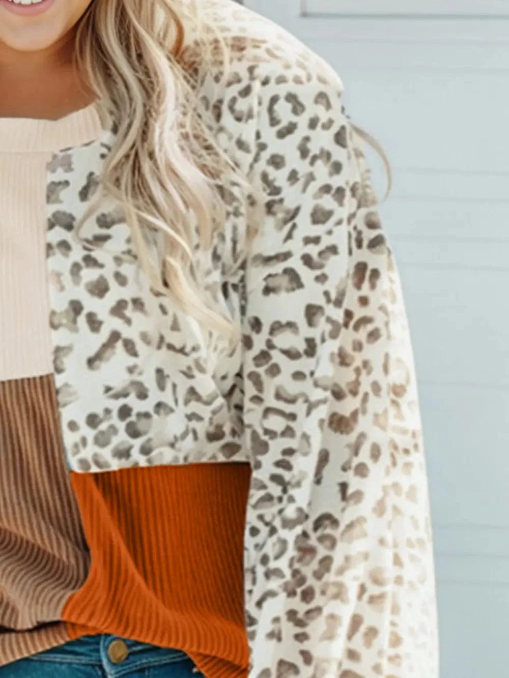 Plus Size Color Block Leopard Round Neck Top - ShalayeFashion