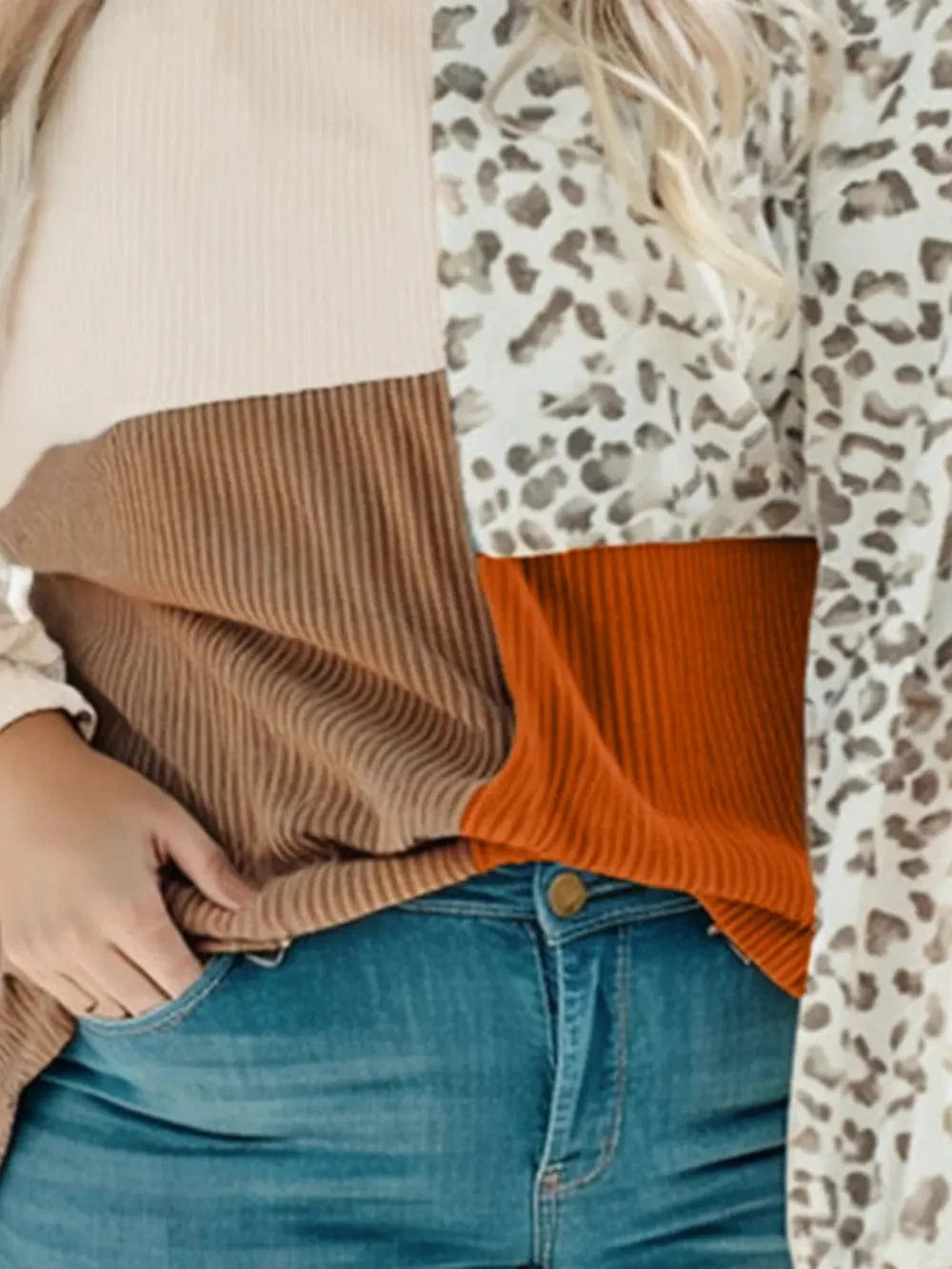Plus Size Color Block Leopard Round Neck Top - ShalayeFashion