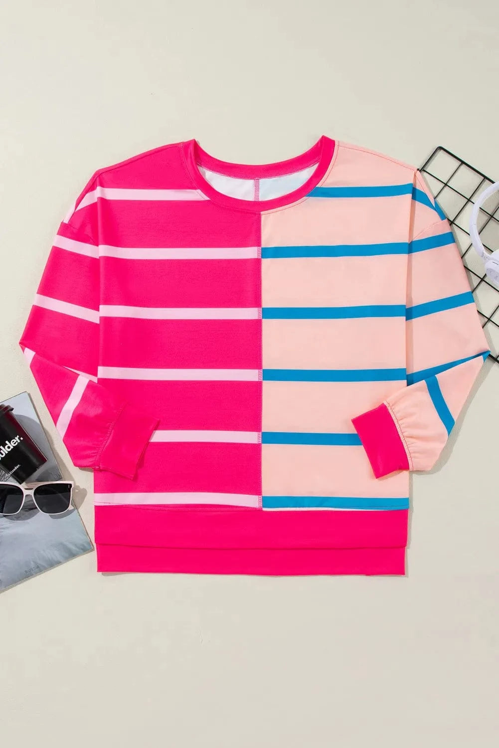 Plus Size Color Block Round Neck Long Sleeve Top - ShalayeFashion