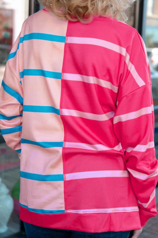 Plus Size Color Block Round Neck Long Sleeve Top - ShalayeFashion