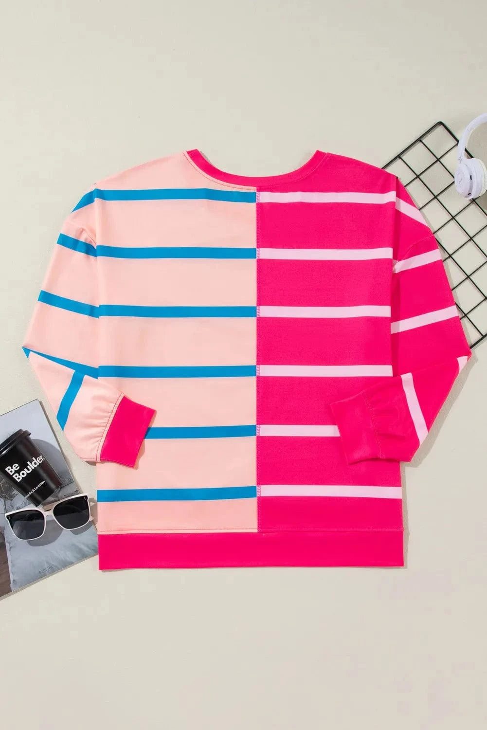 Plus Size Color Block Round Neck Long Sleeve Top - ShalayeFashion