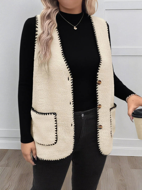Plus Size Contrast Trim Button Up Vest Coat - ShalayeFashion