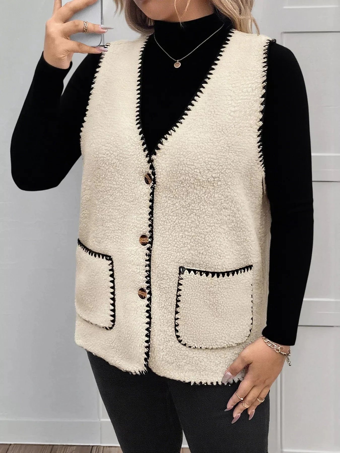 Plus Size Contrast Trim Button Up Vest Coat - ShalayeFashion