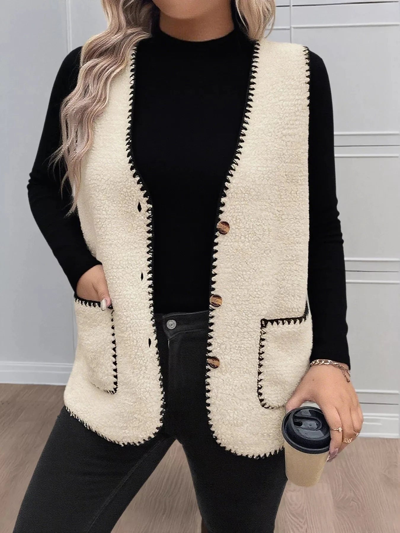 Plus Size Contrast Trim Button Up Vest Coat - ShalayeFashion